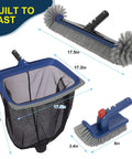 Diagram of All In One Pool Cleaning Kit with rubber edge skimmer net, 17.5 inch brush head, rotating scrub brush for inground and above ground pools.