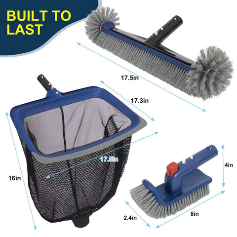 Diagram of All In One Pool Cleaning Kit with rubber edge skimmer net, 17.5 inch brush head, rotating scrub brush for inground and above ground pools.