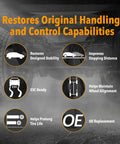 Infographic highlighting benefits of 4 Pack Heavy Duty Shock Absorbers For Trailer Suspension Systems Compatible With Intraax Vantraax Cush Ridewell Trailmobile Saf Holland Gabriel 85000 Monroe 65416 Replacement TR85000