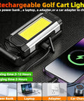 Hella Bright Magnetic Rechargeable Golf Cart Led Dome Light With 360 Spin And Seven Glowing Modes charging with adapter, laptop, and power bank.