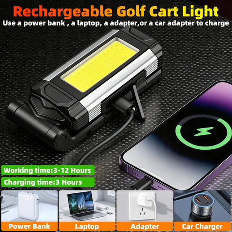 Hella Bright Magnetic Rechargeable Golf Cart Led Dome Light With 360 Spin And Seven Glowing Modes charging with adapter, laptop, and power bank.