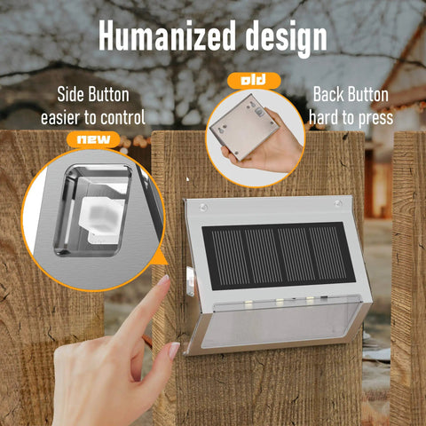 Upgrade Solar Step Lights 12 Pack Outdoor LED Deck Lights With Side Button Design on wooden fence showing side and back buttons
