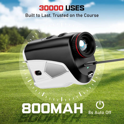 Upgraded 0.5 Second Pin Lock Golf Rangefinder With Slope, 2X HD Bright LCD, displayed against a golf course backdrop