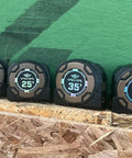 Kickin Tough 35 Foot Tape Measure Featuring Double Sided Blades And Grippy Magnetic Hook Military Hardened Composite Shell, various sizes displayed.