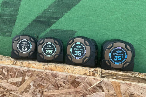 Kickin Tough 35 Foot Tape Measure Featuring Double Sided Blades And Grippy Magnetic Hook Military Hardened Composite Shell, various sizes displayed.