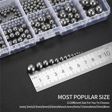 Stainless Steel Precision Bearing Balls 1mm To 8mm Mixing Kit With 600 Pieces Across 12 Sizes For Bearings CNC Machining DIY Projects And Hobbyist Gear Built Tough Heavy Duty Rust Resistant, 12 sizes on ruler