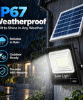 KUSOLE Outdoor Solar floodlight with Remote Control 500W mounted on a wall with solar panel, showing weatherproof features in rain.
