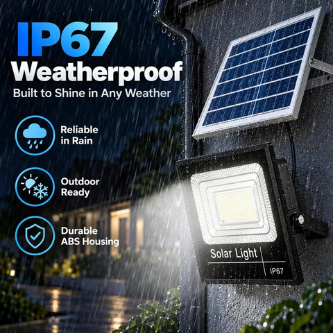 KUSOLE Outdoor Solar floodlight with Remote Control 500W mounted on a wall with solar panel, showing weatherproof features in rain.