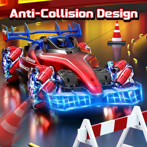 Remote control monster truck toy, red 1:12 scale with blue LED lights and off-road tires