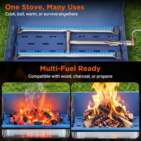 Portable Camping Grill And Fire Pit Foldable 2 In 1 Charcoal Wood Gas BBQ With Carry Bag showing fuel compartments