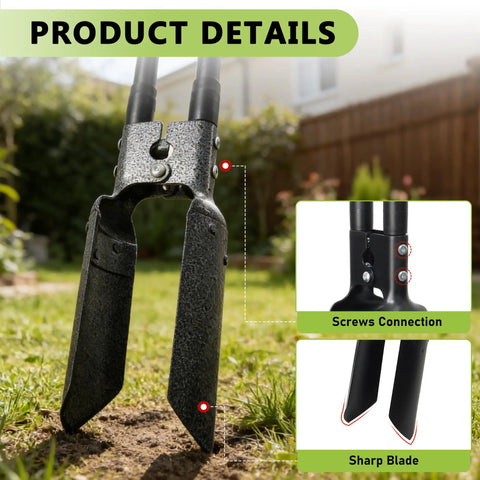 Close-up of 57 Inch Heavy Duty Post Hole Digger with metal shaft, sharp shovel head, and screws for easy digging and gardening.