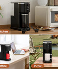 Two Way Single Serve Coffee Maker For Pods Or Ground Coffee in kitchen, office, and outdoor picnic settings, black model.