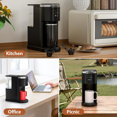 Two Way Single Serve Coffee Maker For Pods Or Ground Coffee in kitchen, office, and outdoor picnic settings, black model.