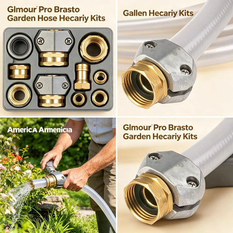 Heavy Duty Garden Hose Repair Kit With 5/8 and 3/4 Inch Brass Connectors Swivel Attachment Stainless Steel Clamp To Fix Leaks Fast And Get Your Outdoor Watering Setup Back On Track For A Cool Summer, white hose attached