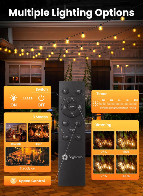 108 Feet Solar String Lights Outdoor With Remote And USB Port Dimmable Timable Three Modes Shatterproof Bulbs displayed on patio.