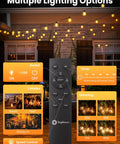 Connectable Dimmable Outdoor LED String Lights With G40 Globe Bulbs, remote control showing multiple lighting options