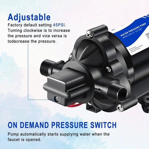 12V RV Water Pressure Booster Pump Self Priming 50 PSI 4 GPM On Demand Pump with adjustable pressure switch