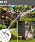 Heavy Duty Steel Digging Fork For Gardening And Farming Soil Loosening Tool With One Piece Forged Design in use in garden