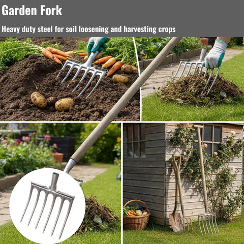 Heavy Duty Steel Digging Fork For Gardening And Farming Soil Loosening Tool With One Piece Forged Design in use in garden