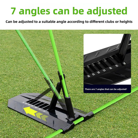 Pro Grade Golf Swing Trainer with Adjustable Angle Tool on grass showing angle settings and red fiberglass direction rod