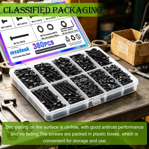 380 Piece M4 Hex Socket Head Cap Bolts Set in organizer with 6mm-30mm lengths, 4mm thread, 12.9 grade alloy steel, galvanized finish.
