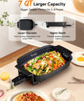 Medley XL Digital Electric Skillet Family Size Griddle With Glass Lid 100 To 425F Precision Heating 7 Qt Portable Hot Plate PFAS Free G11 Nonstick Ceramic Coating showing capacity and dimensions with salad inside