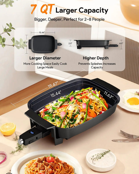 Medley XL Digital Electric Skillet Family Size Griddle With Glass Lid 100 To 425F Precision Heating 7 Qt Portable Hot Plate PFAS Free G11 Nonstick Ceramic Coating showing capacity and dimensions with salad inside