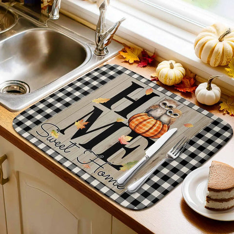 Thanksgiving Dish Drying Mat For Kitchen Counter With Maple Leaves Owl Design Absorbent Microfiber Cushioned Pad Quick Dry Machine Washable 16 By 18 Inches Pumpkin Buffalo Plaid Wood Grain Autumn Holiday Dishes on counter