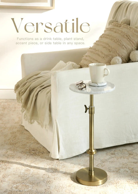 Adjustable Height Marble Drink Table With White Marble Top And Antique Brass Pedestal near sofa, displaying versatility