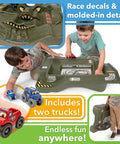 Kids playing with Monster City Extreme Wheels Race Track Table, green surface, dual-sided cityscape and off-road with monster trucks.