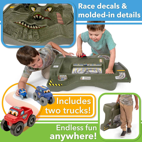 Kids playing with Monster City Extreme Wheels Race Track Table, green surface, dual-sided cityscape and off-road with monster trucks.