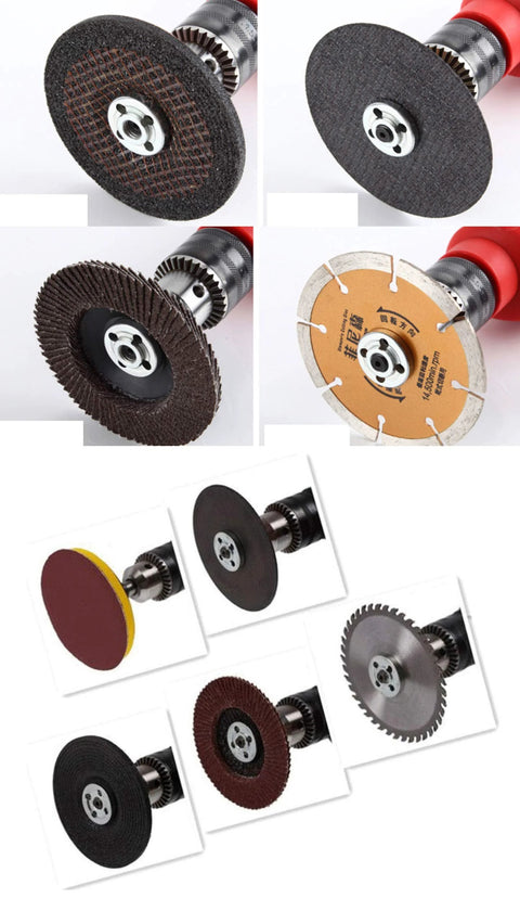 Arbour/Arbor mandrel adaptor for angle grinder/drill with multiple abrasive discs mounted on a metal shaft (flap, grinding, cutting).