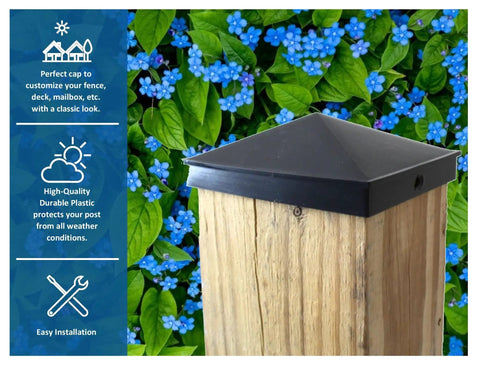 Plastic Pyramid Fence Post Caps 4x6 Nominal 3-5/8 x 5-5/8 With Pre-Drilled Holes Black or White Pack of 2 on wooden post