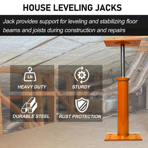 Adjustable Basement Floor Jack Post in attic with heavy-duty steel, rust protection, supports for beams, 11 to 17 inch height adjustment.