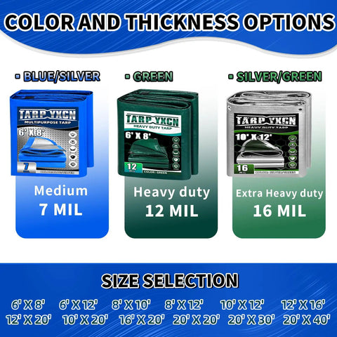 Beefy Heavy Duty 10x12 Foot Tarp 7 Mil Thick Waterproof Poly Cover UV Resistant And Rip Proof displayed in color and thickness options