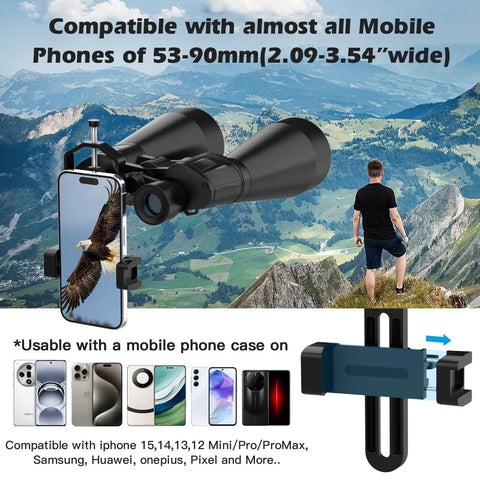 Universal Telescope Phone Adapter Mount for Microscope, Binoculars, and Spotting Scopes with 53-90mm phone compatibility.