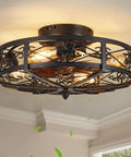 Rustic Black Caged Flush Mount Ceiling Fan With Lights And Remote, Vintage Low Profile, showcasing metal and wood design