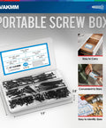 Drywall Screws Assortment Kit With 160 Pieces In Five Sizes Three Inch, Two Inch, One And Three Eighths Inch, One Inch, And Five Eighths Inch Coarse Thread Phillips Bugle Head Sharp Point For Wood And Sheetrock Projects In Durable Clear Plastic Case shown in open box with screws organized in slots