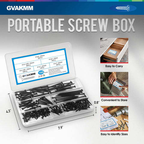 400-Piece Drywall Screw Set With 9 Sizes From 5/8 To 3 Inch Wood Screws, Coarse Thread, Self Tapping, Black Coated Finish, In A Clear Plastic Case For Easy Size Identification, Ideal For Sheetrock Cabinets Furniture And More.