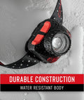 Close-up of water-resistant Dual Color Focusing LED Headlamp 575 Lumen 2 Pack With White And Red Beams For Night Vision showing water droplets.