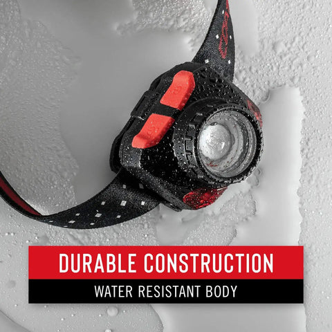 Close-up of water-resistant Dual Color Focusing LED Headlamp 575 Lumen 2 Pack With White And Red Beams For Night Vision showing water droplets.