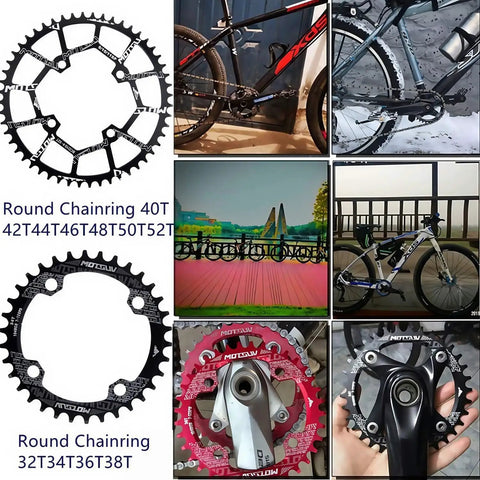 Pro-Grade 104BCD Oval Chainring 30T-52T CNC Machined 7075-T6 Aluminum Narrow-Wide MTB Road Bike Chainwheel shown with bicycles