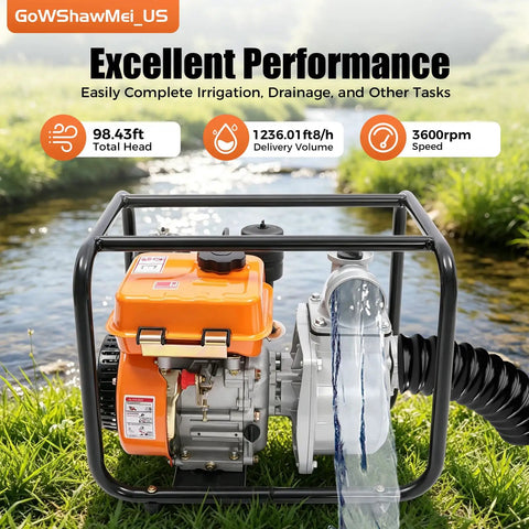 Straight Up Heavy Duty 196Cc Four Stroke Diesel Water Pump Three Inch Trash Transfer With Extended Hose Quick Hookup For Yard Irrigation Pool Drainage And Farm Projects with orange top in outdoor setting.