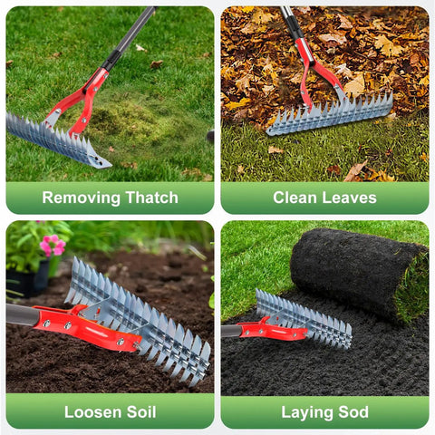 Beast Dethatching Rake For Lawns, 15-Inch Wide With Adjustable Steel Teeth And 70-Inch Stainless Handle clearing lawn debris