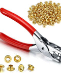 301 Pcs Grommet Eyelet Pliers Tool Kit With 300 Metal Eyelets for leather and fabric repair, red pliers with gold finish eyelets shown.