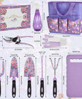 Purple 10 Piece Heavy Duty Garden Tool Set with Tote Bag All In One Gardening Kit For Women, tools displayed with dimensions