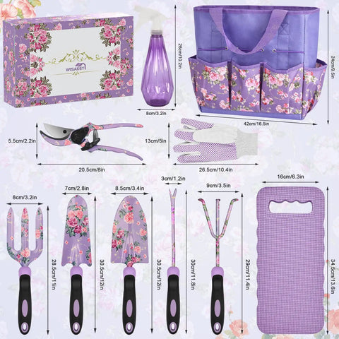 Purple 10 Piece Heavy Duty Garden Tool Set with Tote Bag All In One Gardening Kit For Women, tools displayed with dimensions