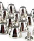 Badass Barrel Spikes And Screw Back Studs 30 Sets Silver Zinc Alloy hardware kit for leather crafts, showing shiny cone-shaped spikes.