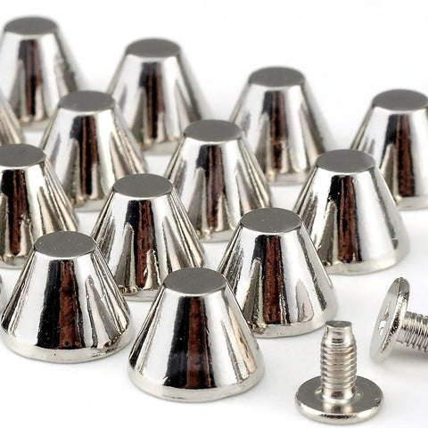 Badass Barrel Spikes And Screw Back Studs 30 Sets Silver Zinc Alloy hardware kit for leather crafts, showing shiny cone-shaped spikes.