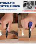 WORKPRO automatic center punch set (2 pcs) with extra tip; black metal body and blue knob, shown in two views